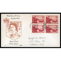 canada stamp 386 queen elizabeth ii 5 1959 FDC BLOCK 060