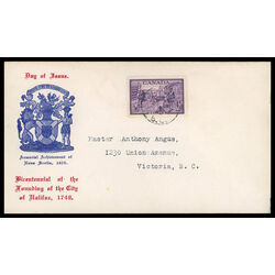 canada stamp 283 founding of halifax 4 1949 FDC PC 026
