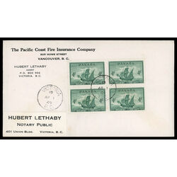 canada stamp 282 newfoundland cabot s ship matthew 4 1949 FDC BLOCK 053