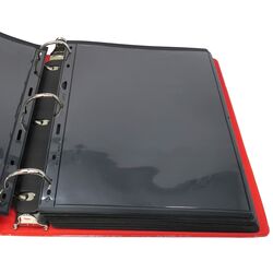 60 used black stock sheets in a red binder