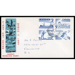canada stamp 368a recreation sports 4 x 5 1956 FDC BLOCK 015